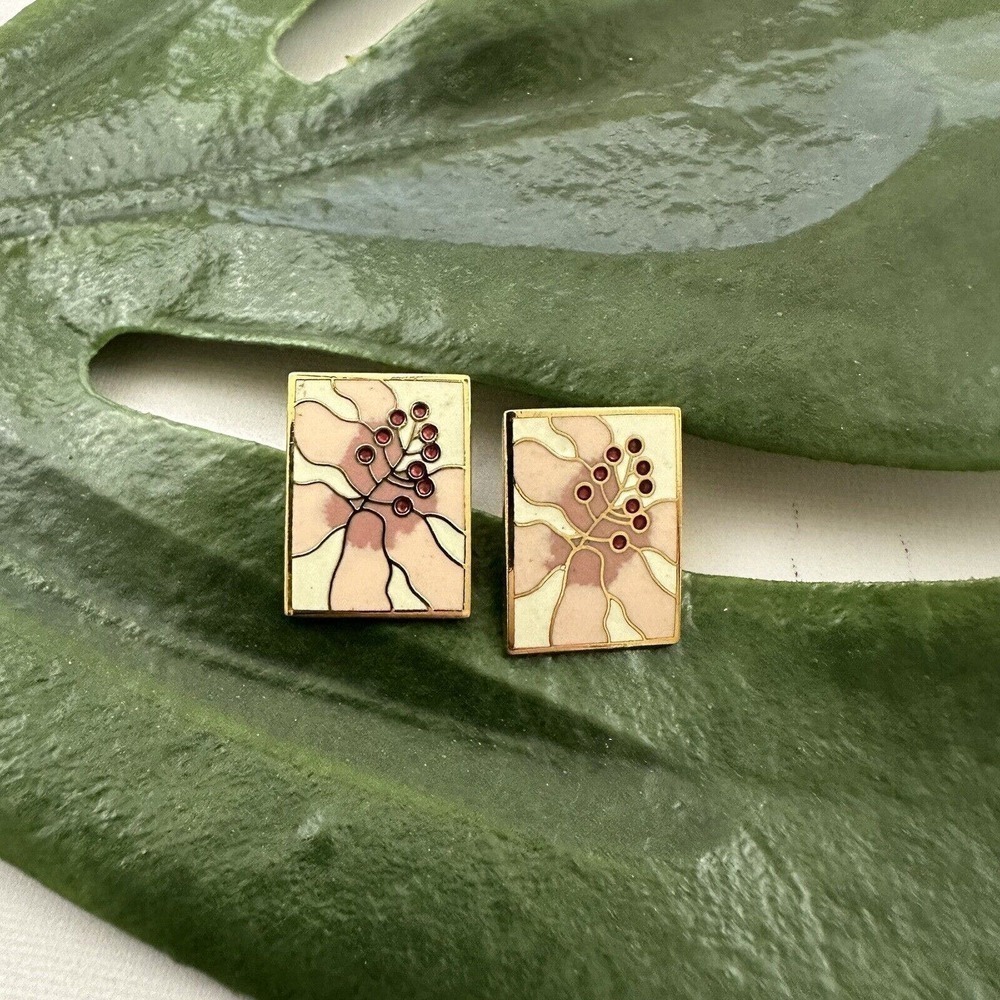 Laurel Burch Vintage Orchid Floral Stud Earrings Pink Tropical Square Pastel